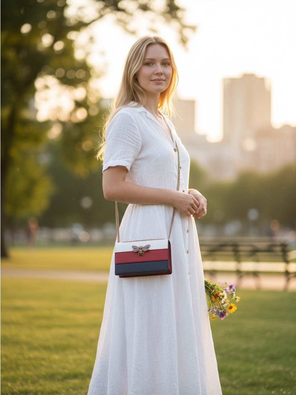 Gucci Queen Margaret White Red Navy Bee-Embellished Chain Crossbody - Picture 4 of 16